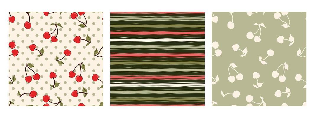 cherry Polka dot, wavy horizontal stripe summer vintage seamless pattern set, paper, cover, fabric