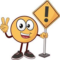 Smiling cartoon emoji character holding an exclamation warning sign and flashing a peace sign, symbolizing alertness with positivity vector