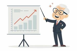 An old man in glasses and suit is pointing at a chart vector