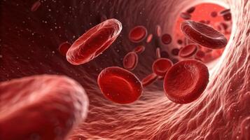 A close-up, 3D rendering of red blood cells flowing through a blood vessel, illustrating their movement and structure within the circulatory system. photo