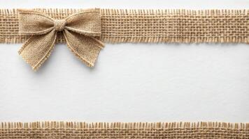 A decorative burlap ribbon with a bow against a plain background, ideal for crafts and gift wrapping. photo