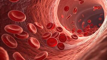 A detailed view of red blood cells flowing through a blood vessel, showcasing the intricate inner structure of the circulatory system. photo