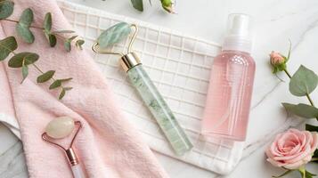 A serene flat lay of skincare tools, featuring jade rollers, a mist spray, soft towels, and delicate flowers, perfect for a refreshing beauty routine. photo
