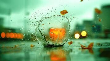 Water splashes around an orange object in a city street during rainy weather at dusk photo