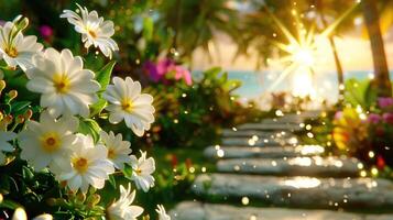 A tranquil garden path lined with flowers leading to a sparkling sunset by the beach photo