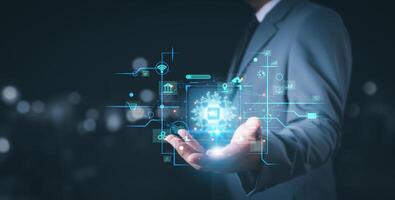 Ai technology, Artificial Intelligence. man using technology smart robot AI, artificial intelligence by enter command prompt for generates something, Futuristic technology transformation Chat with Ai. photo