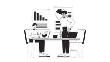 Diverse professionals discussing charts and graphs outline 2D characters doodle animation. Business meeting presentation. Statistics analysts animated people isolated on white. Linear drawing 4K video