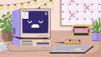 Cozy workspace desk with retro computer lofi animation cartoon wallpaper. Nostalgic tech, calendar marks, PC sleepy zzz, brick phone. Lo fi 2D animated background 4k . Concept chill aesthetic video