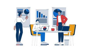 Diverse team analyzing business charts in office doodle cartoon animation. Collaborative strategy. Analysts brainstorming animated 2D characters isolated on white background. 4K motion graphic video