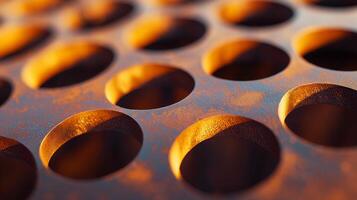 Close up of a metal surface with many holes. The holes are of various sizes and are scattered throughout the surface photo