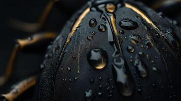 Shiny black and gold spider is sitting on a dark background. The spider is surrounded by water droplets, giving it a wet and shiny appearance photo