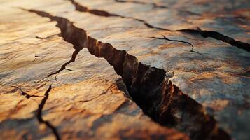 Large crack in the ground with a lot of debris and rocks. The crack is deep and wide, and the surrounding area is rocky and barren. Concept of destruction and chaos photo