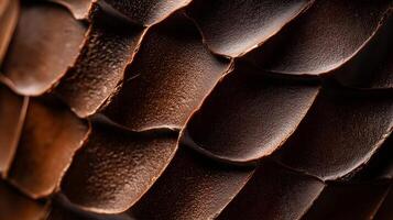 Leaf with a brown and intricate pattern. The leaf is brown in color and has a unique texture that resembles the scales of a reptile. The pattern is made up of small photo