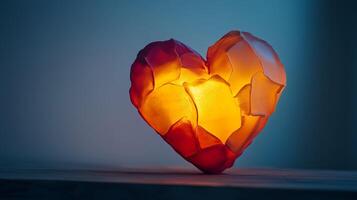 Heart made of glass is lit up. It is on a table. The heart is broken in half photo