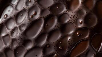Close up of a chocolate surface with many small bubbles. The bubbles are in various sizes and are scattered throughout the surface photo