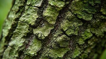 Tree trunk with moss growing on it. The trunk is brown and has a greenish tint photo