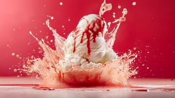 White ice cream cone with red drips of sauce on it. The cone is sitting on a red surface photo