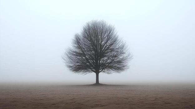 Tree is standing in a field with fog. The tree is bare and has no leaves. The sky is cloudy and the ground is covered in grass photo