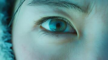 Womans eye is open and has a greenish tint. The eye is surrounded by a blue background photo