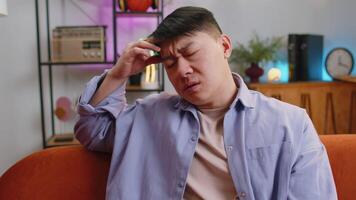 Man guy at home suffers from unfair situation problem, break up, depressed, feeling bad, burnout video