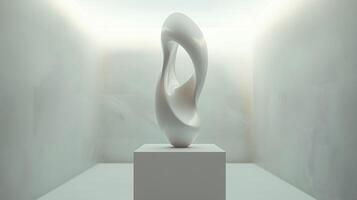 White sculpture is on a pedestal. The sculpture is shaped like a spiral photo
