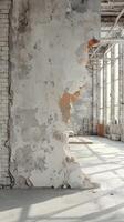 Wall with a hole in it. The wall is white and has a brick texture. There is a window in the room photo