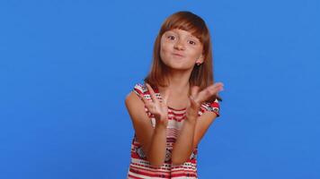 Displeased child girl gesturing hands with irritation blaming scolding for failure why this happened video