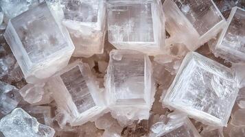 Close up of salt crystals. The salt crystals are white and are arranged in a pattern. The image has a calm and serene mood photo