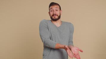 Man raising hands asking what why reason of failure disbelief irritation by troubles, anti lifehacks video