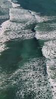 Aerial view capturing rhythmic turquoise waves rolling, breaking against golden sandy shoreline, showcasing powerful oceanic motion video
