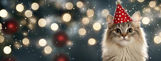 A cat wearing a party hat on a background of lights photo