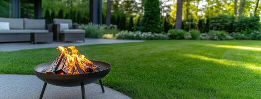 A fire pit in the middle of a lawn photo