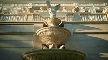 Ornate stone fountain featuring Swans sculpture at its peak, set against classical building facade with intricate architectural details. daylight, water flow highlights its elegance and historical. video