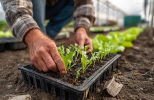 Hands planting seedlings in plastic tray on ground photo