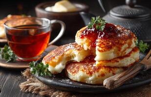 Pancakes with jam and cheese on a plate photo