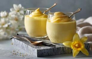 Two glasses of yellow custard with vanilla and flowers photo