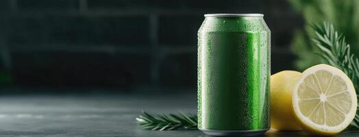 A can of green soda next to a lemon photo