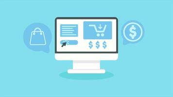 Monitor screen animation with shopping web display, make lots of money and business. Loop animation in flat design style video