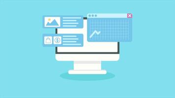 Computer monitor screen animation with web shopping sales data display, management and business data. Loop animation in flat design style video