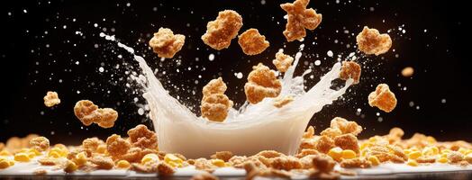 A splash of milk is falling on a bowl of cereal photo