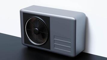 Grey, modern air source heat pump. Energy efficient features for temperature regulation in homes and buildings. 3D animation. video