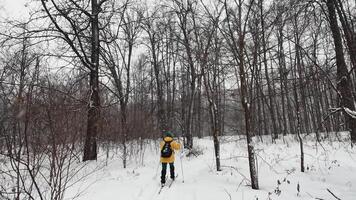An adventurous hiker in a bright yellow jacket navigates a snowcovered path through a picturesque forest, highlighting the beauty of winter exploration and natures tranquility video