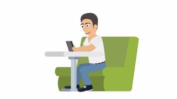 A man with a smartphone. A young man is sitting and sending messages via chat. Cartoon animation with alpha channel video