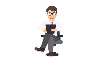 The man is using a tablet. The consultant is sitting in an armchair. Cartoon animation with alpha channel video