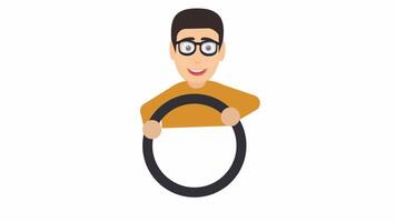 Man is the driver of the car. A man with a car steering wheel. Cartoon animation with alpha channel video