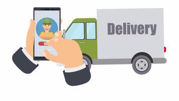 Calling a courier in a delivery car on a mobile phone. Smartphone delivery service, Cartoon animation with alpha channel. video