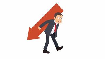 Businessman carrying down arrow. Trader, cartoon animation with alpha channel. video