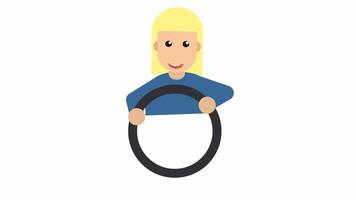 Woman is a car driver. A man with a car steering wheel. Cartoon animation with alpha channel. video