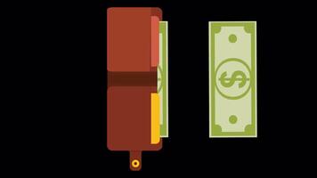 A wallet with money. Cash, cartoon animation with alpha channel video