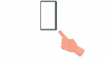 The hand points at the phone screen. The finger points at the smartphone, cartoon animation with alpha channel video